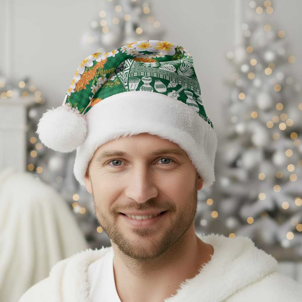 Hawaiian Plumeria Lei Christmas Santa Hat Kakau Motifs and Palaka Half Style Green Color - Polynesian Pride
