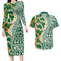 Hawaiian Plumeria Lei Couples Matching Long Sleeve Bodycon Dress and Hawaiian Shirt Kakau Motifs and Palaka Half Style Green Color LT03 Green - Polynesian Pride