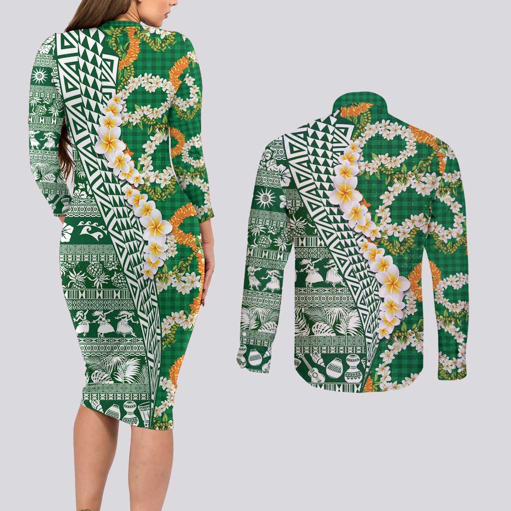 Hawaiian Plumeria Lei Couples Matching Long Sleeve Bodycon Dress and Long Sleeve Button Shirt Kakau Motifs and Palaka Half Style Green Color LT03 - Polynesian Pride