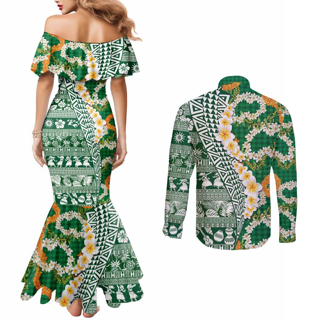 Hawaiian Plumeria Lei Couples Matching Mermaid Dress and Long Sleeve Button Shirt Kakau Motifs and Palaka Half Style Green Color LT03 - Polynesian Pride