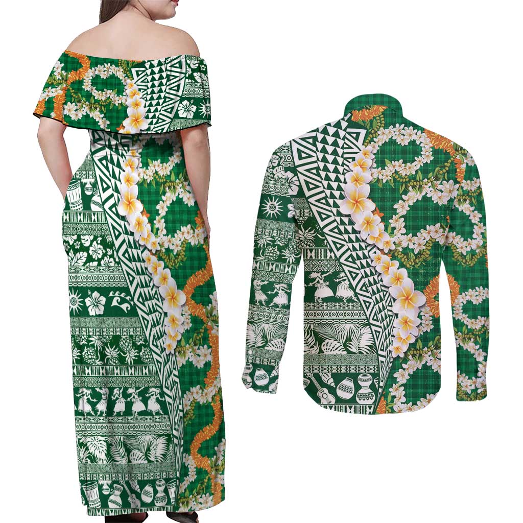 Hawaiian Plumeria Lei Couples Matching Off Shoulder Maxi Dress and Long Sleeve Button Shirt Kakau Motifs and Palaka Half Style Green Color LT03 - Polynesian Pride