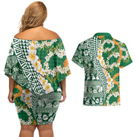 Hawaiian Plumeria Lei Couples Matching Off Shoulder Short Dress and Hawaiian Shirt Kakau Motifs and Palaka Half Style Green Color LT03 - Polynesian Pride
