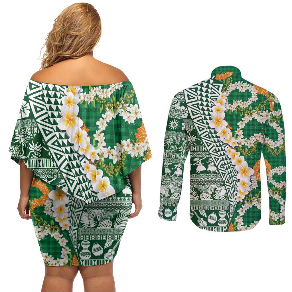 Hawaiian Plumeria Lei Couples Matching Off Shoulder Short Dress and Long Sleeve Button Shirt Kakau Motifs and Palaka Half Style Green Color LT03 - Polynesian Pride
