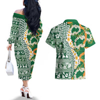 Hawaiian Plumeria Lei Couples Matching Off The Shoulder Long Sleeve Dress and Hawaiian Shirt Kakau Motifs and Palaka Half Style Green Color LT03 - Polynesian Pride