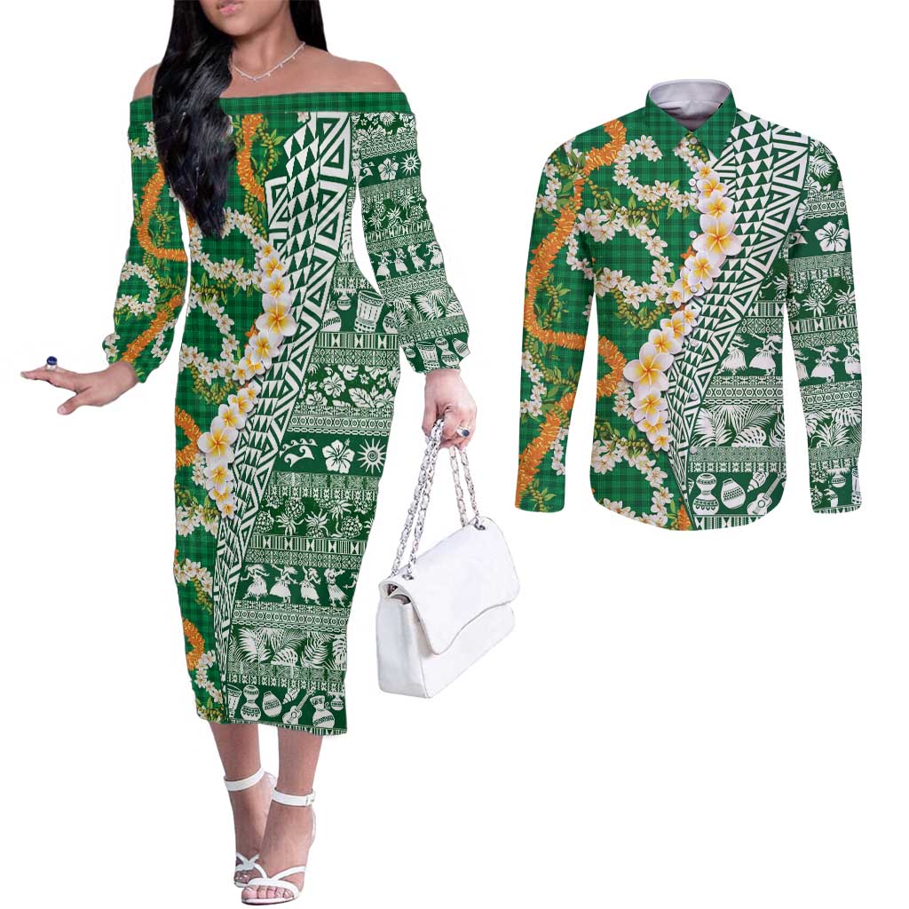 Hawaiian Plumeria Lei Couples Matching Off The Shoulder Long Sleeve Dress and Long Sleeve Button Shirt Kakau Motifs and Palaka Half Style Green Color LT03 Green - Polynesian Pride