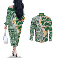 Hawaiian Plumeria Lei Couples Matching Off The Shoulder Long Sleeve Dress and Long Sleeve Button Shirt Kakau Motifs and Palaka Half Style Green Color LT03 - Polynesian Pride
