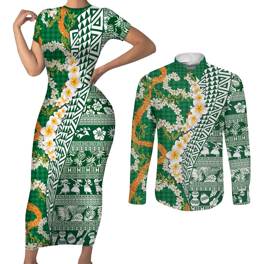 Hawaiian Plumeria Lei Couples Matching Short Sleeve Bodycon Dress and Long Sleeve Button Shirt Kakau Motifs and Palaka Half Style Green Color LT03 Green - Polynesian Pride