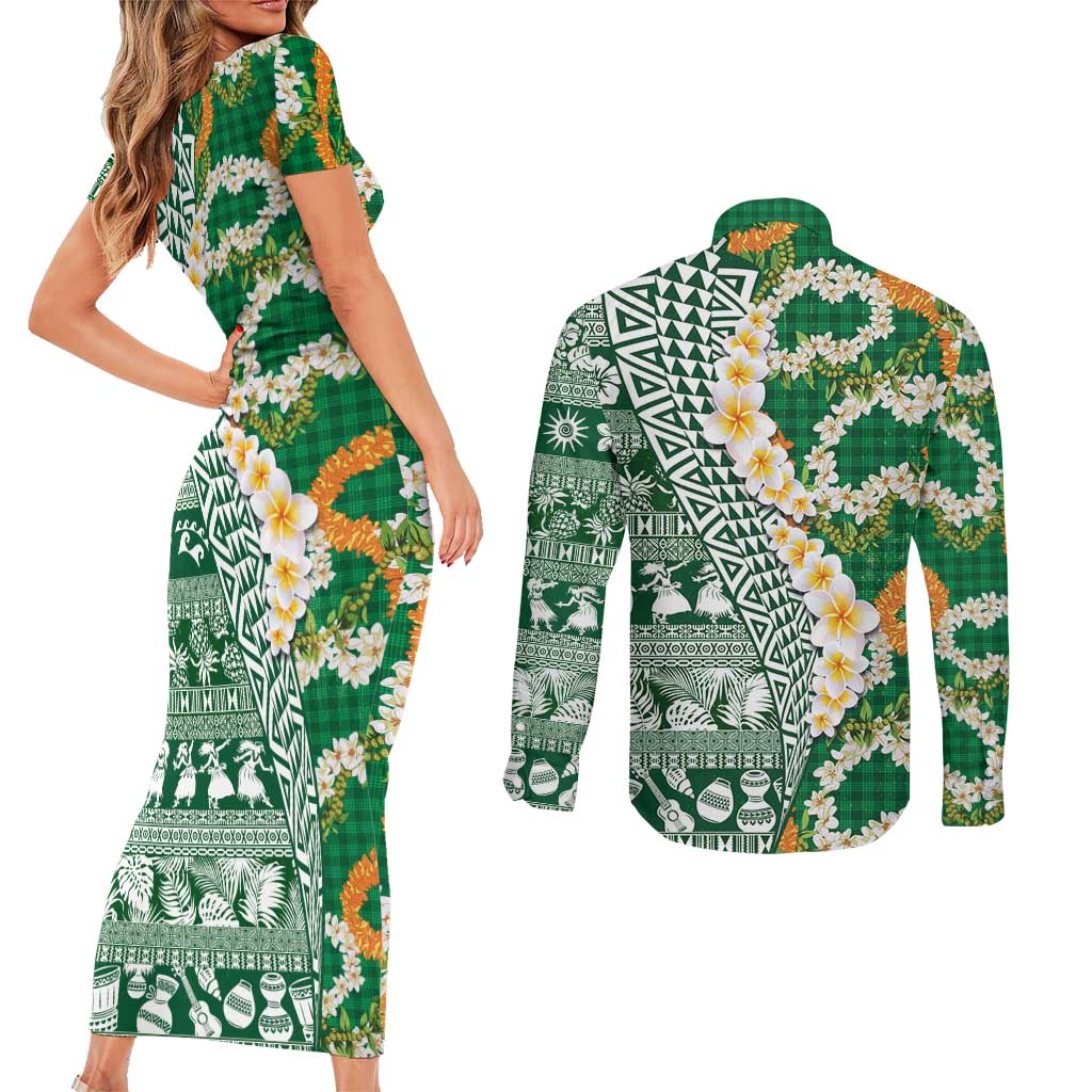 Hawaiian Plumeria Lei Couples Matching Short Sleeve Bodycon Dress and Long Sleeve Button Shirt Kakau Motifs and Palaka Half Style Green Color LT03 - Polynesian Pride
