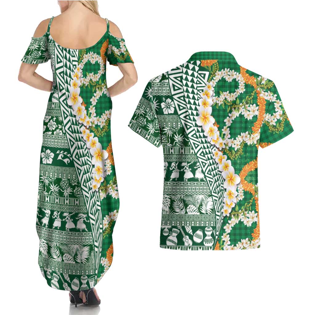 Hawaiian Plumeria Lei Couples Matching Summer Maxi Dress and Hawaiian Shirt Kakau Motifs and Palaka Half Style Green Color LT03 - Polynesian Pride