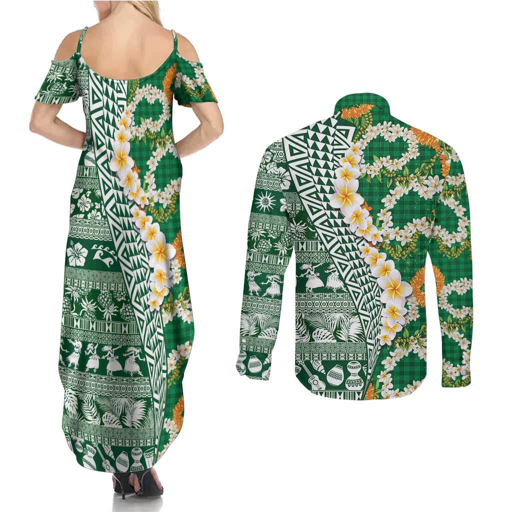 Hawaiian Plumeria Lei Couples Matching Summer Maxi Dress and Long Sleeve Button Shirt Kakau Motifs and Palaka Half Style Green Color LT03 - Polynesian Pride