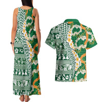 Hawaiian Plumeria Lei Couples Matching Tank Maxi Dress and Hawaiian Shirt Kakau Motifs and Palaka Half Style Green Color LT03 - Polynesian Pride