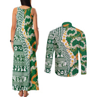 Hawaiian Plumeria Lei Couples Matching Tank Maxi Dress and Long Sleeve Button Shirt Kakau Motifs and Palaka Half Style Green Color LT03 - Polynesian Pride
