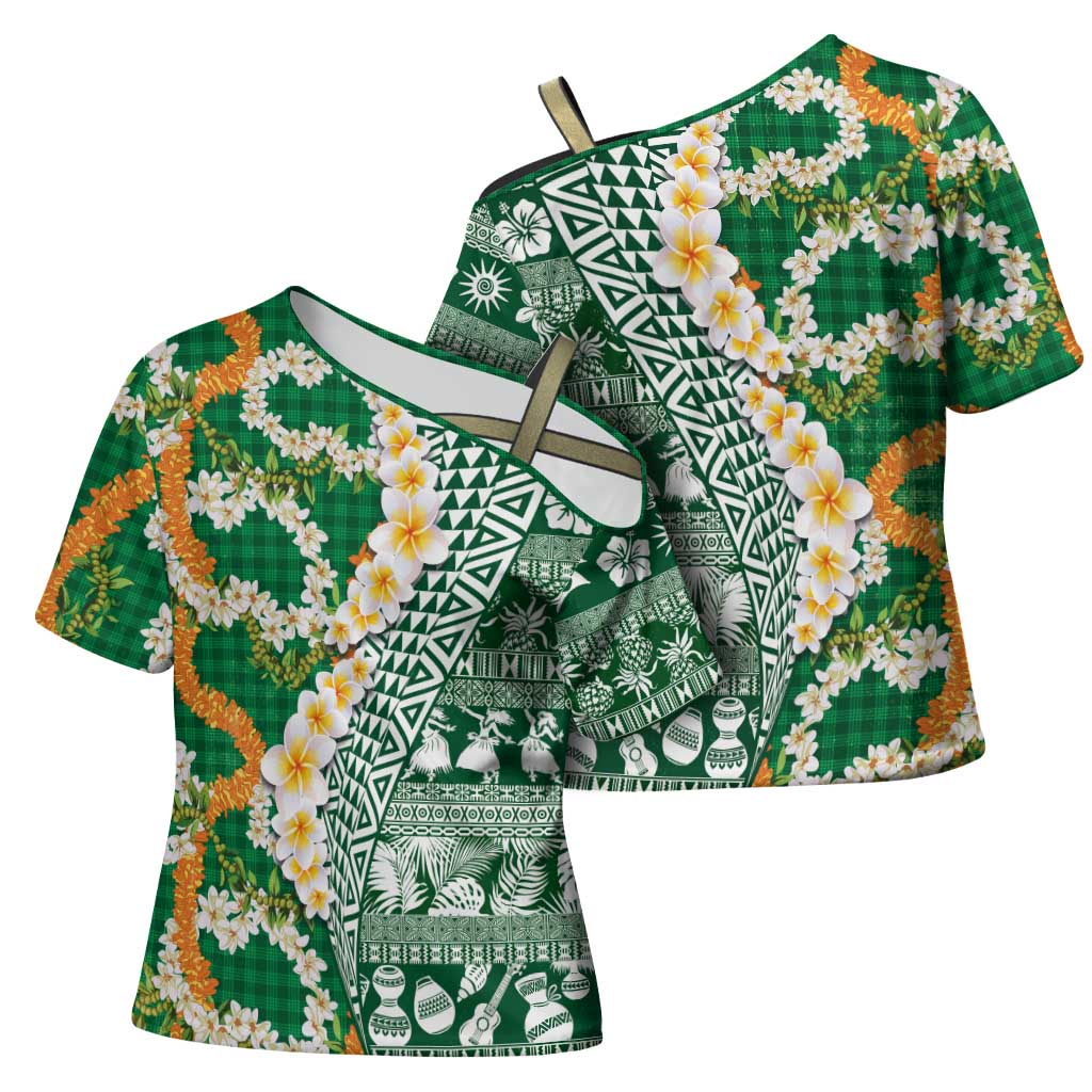 Hawaiian Plumeria Lei Cross Shoulder Shirt Kakau Motifs and Palaka Half Style Green Color - Polynesian Pride