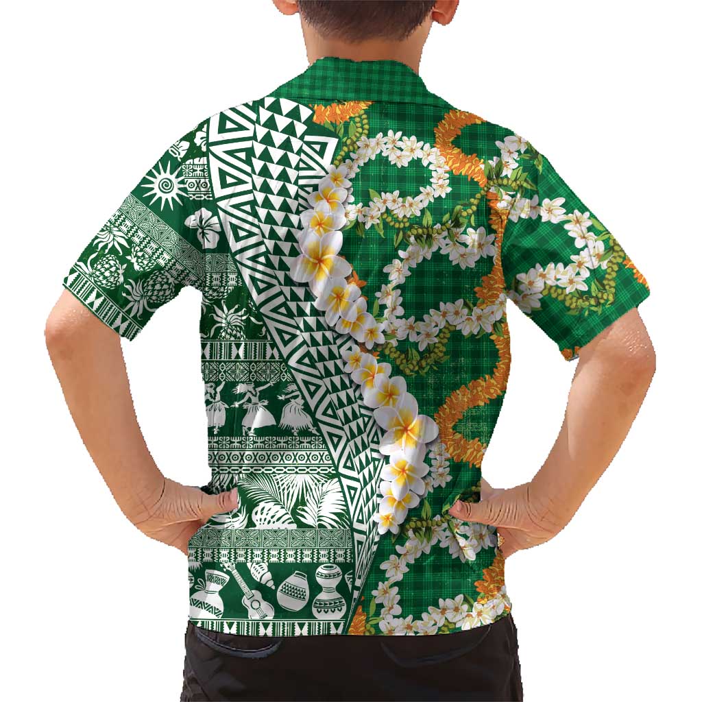 Hawaiian Plumeria Lei Family Matching Long Sleeve Bodycon Dress and Hawaiian Shirt Kakau Motifs and Palaka Half Style Green Color LT03 - Polynesian Pride