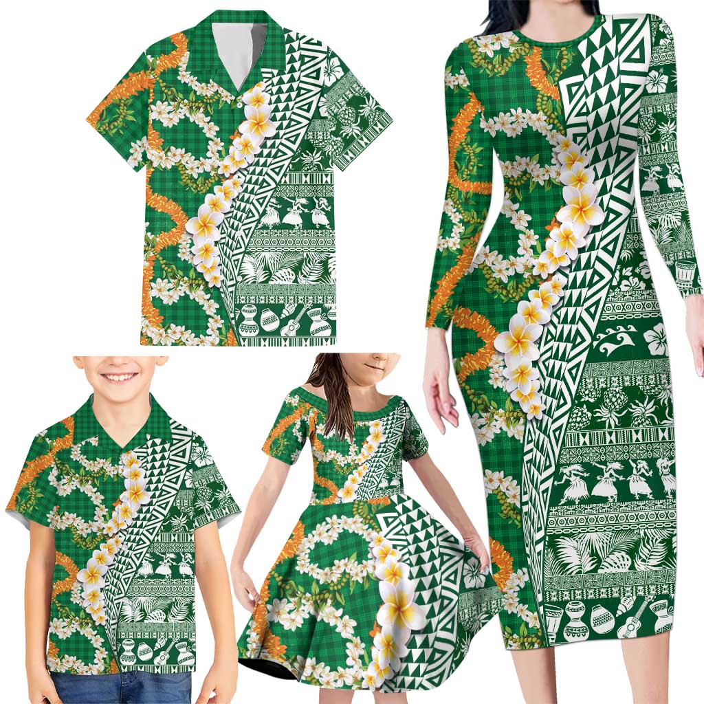 Hawaiian Plumeria Lei Family Matching Long Sleeve Bodycon Dress and Hawaiian Shirt Kakau Motifs and Palaka Half Style Green Color LT03 - Polynesian Pride