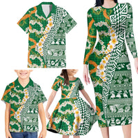 Hawaiian Plumeria Lei Family Matching Long Sleeve Bodycon Dress and Hawaiian Shirt Kakau Motifs and Palaka Half Style Green Color LT03 - Polynesian Pride