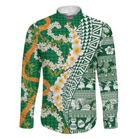 Hawaiian Plumeria Lei Family Matching Long Sleeve Bodycon Dress and Hawaiian Shirt Kakau Motifs and Palaka Half Style Green Color LT03 Dad's Shirt - Long Sleeve Green - Polynesian Pride