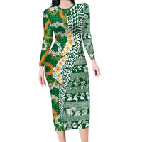 Hawaiian Plumeria Lei Family Matching Long Sleeve Bodycon Dress and Hawaiian Shirt Kakau Motifs and Palaka Half Style Green Color LT03 Mom's Dress Green - Polynesian Pride