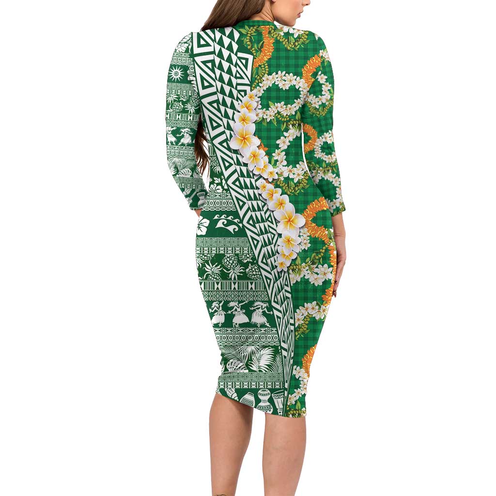 Hawaiian Plumeria Lei Family Matching Long Sleeve Bodycon Dress and Hawaiian Shirt Kakau Motifs and Palaka Half Style Green Color LT03 - Polynesian Pride