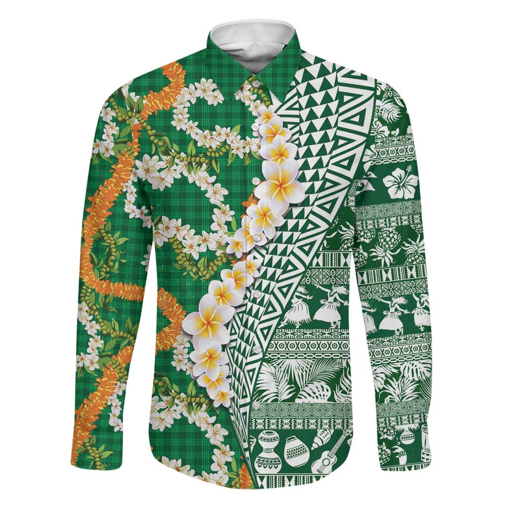 Hawaiian Plumeria Lei Family Matching Off The Shoulder Long Sleeve Dress and Hawaiian Shirt Kakau Motifs and Palaka Half Style Green Color LT03 Dad's Shirt - Long Sleeve Green - Polynesian Pride