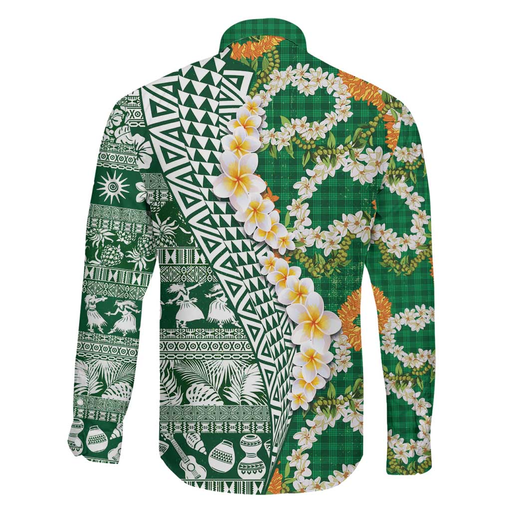 Hawaiian Plumeria Lei Family Matching Off The Shoulder Long Sleeve Dress and Hawaiian Shirt Kakau Motifs and Palaka Half Style Green Color LT03 - Polynesian Pride