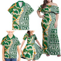 Hawaiian Plumeria Lei Family Matching Off Shoulder Maxi Dress and Hawaiian Shirt Kakau Motifs and Palaka Half Style Green Color LT03 - Polynesian Pride