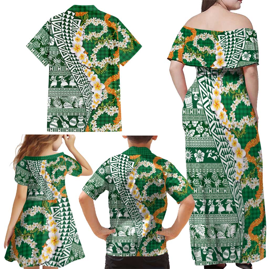 Hawaiian Plumeria Lei Family Matching Off Shoulder Maxi Dress and Hawaiian Shirt Kakau Motifs and Palaka Half Style Green Color LT03 - Polynesian Pride