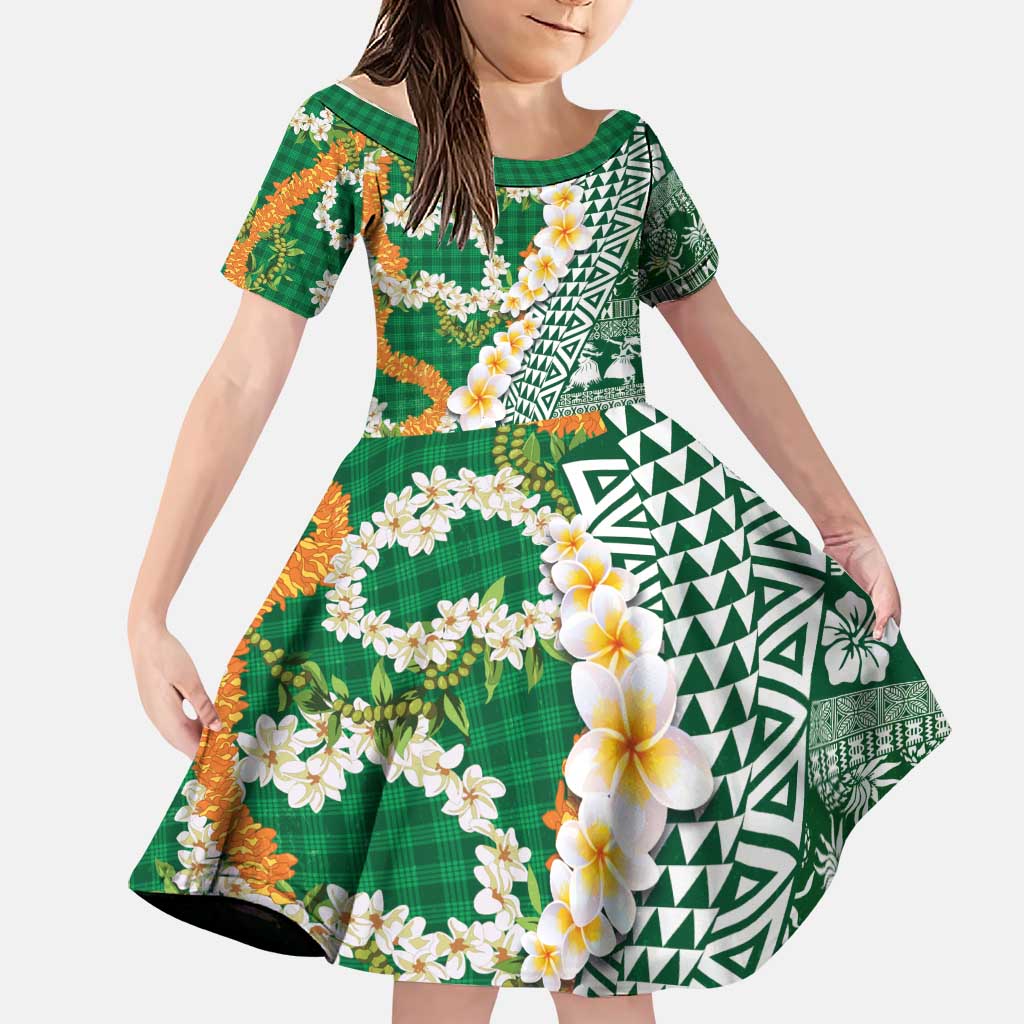 Hawaiian Plumeria Lei Family Matching Off Shoulder Short Dress and Hawaiian Shirt Kakau Motifs and Palaka Half Style Green Color LT03 Daughter's Dress Green - Polynesian Pride
