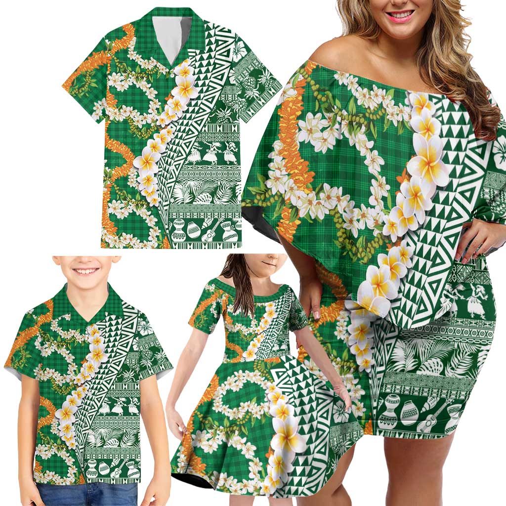 Hawaiian Plumeria Lei Family Matching Off Shoulder Short Dress and Hawaiian Shirt Kakau Motifs and Palaka Half Style Green Color - Polynesian Pride