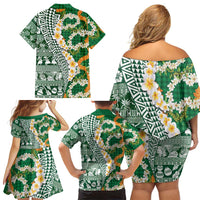 Hawaiian Plumeria Lei Family Matching Off Shoulder Short Dress and Hawaiian Shirt Kakau Motifs and Palaka Half Style Green Color LT03 - Polynesian Pride