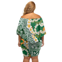 Hawaiian Plumeria Lei Family Matching Off Shoulder Short Dress and Hawaiian Shirt Kakau Motifs and Palaka Half Style Green Color LT03 - Polynesian Pride