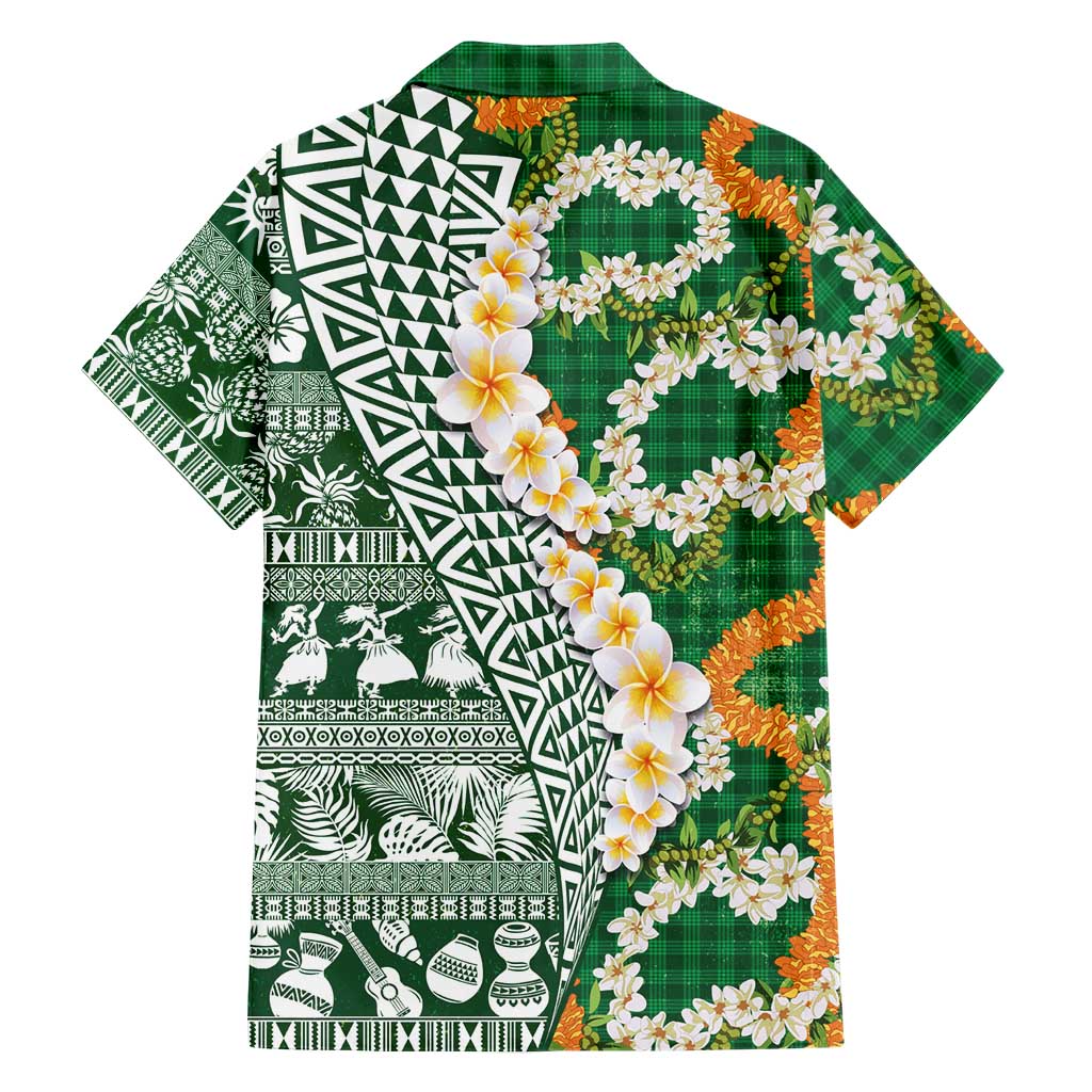Hawaiian Plumeria Lei Family Matching Puletasi and Hawaiian Shirt Kakau Motifs and Palaka Half Style Green Color LT03 - Polynesian Pride