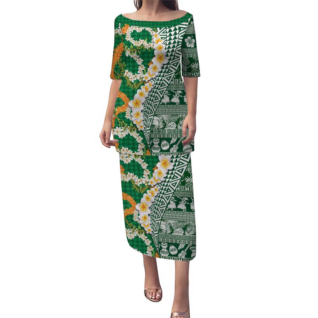 Hawaiian Plumeria Lei Family Matching Puletasi and Hawaiian Shirt Kakau Motifs and Palaka Half Style Green Color LT03 Mom's Dress Green - Polynesian Pride