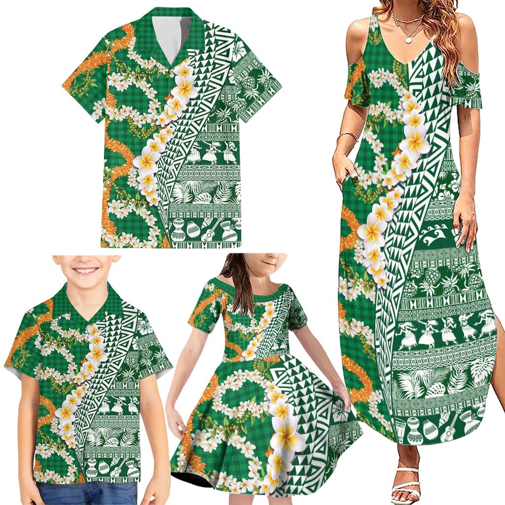 Hawaiian Plumeria Lei Family Matching Summer Maxi Dress and Hawaiian Shirt Kakau Motifs and Palaka Half Style Green Color - Polynesian Pride