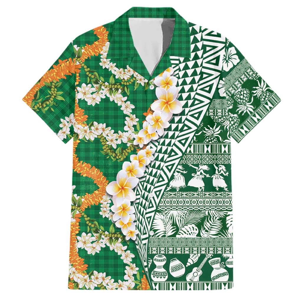 Hawaiian Plumeria Lei Family Matching Summer Maxi Dress and Hawaiian Shirt Kakau Motifs and Palaka Half Style Green Color LT03 Dad's Shirt - Short Sleeve Green - Polynesian Pride