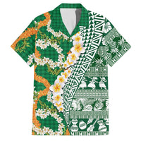 Hawaiian Plumeria Lei Family Matching Summer Maxi Dress and Hawaiian Shirt Kakau Motifs and Palaka Half Style Green Color LT03 Dad's Shirt - Short Sleeve Green - Polynesian Pride