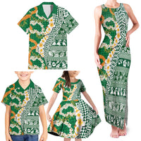 Hawaiian Plumeria Lei Family Matching Tank Maxi Dress and Hawaiian Shirt Kakau Motifs and Palaka Half Style Green Color LT03 - Polynesian Pride