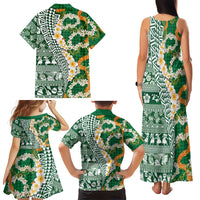 Hawaiian Plumeria Lei Family Matching Tank Maxi Dress and Hawaiian Shirt Kakau Motifs and Palaka Half Style Green Color LT03 - Polynesian Pride