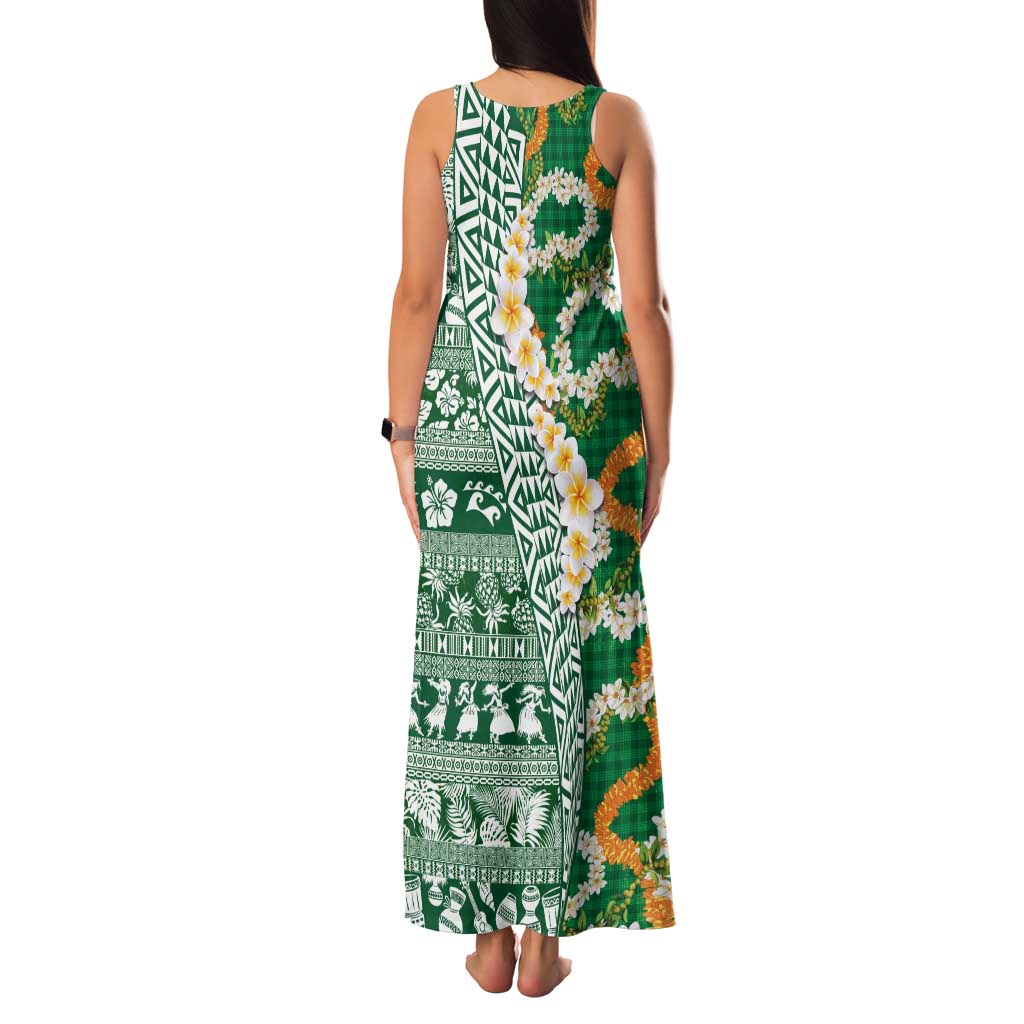 Hawaiian Plumeria Lei Family Matching Tank Maxi Dress and Hawaiian Shirt Kakau Motifs and Palaka Half Style Green Color LT03 - Polynesian Pride