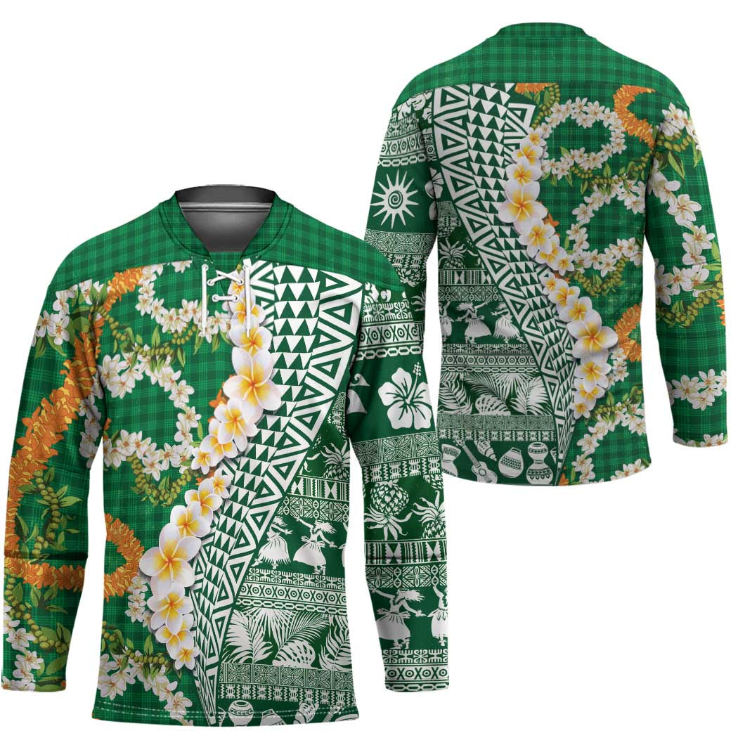 Hawaiian Plumeria Lei Hockey Jersey Kakau Motifs and Palaka Half Style Green Color - Polynesian Pride
