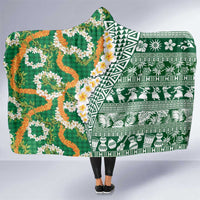 Hawaiian Plumeria Lei Hooded Blanket Kakau Motifs and Palaka Half Style Green Color LT03 One Size Green - Polynesian Pride