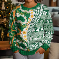 Hawaiian Plumeria Lei Kid Ugly Christmas Sweater Kakau Motifs and Palaka Half Style Green Color - Polynesian Pride