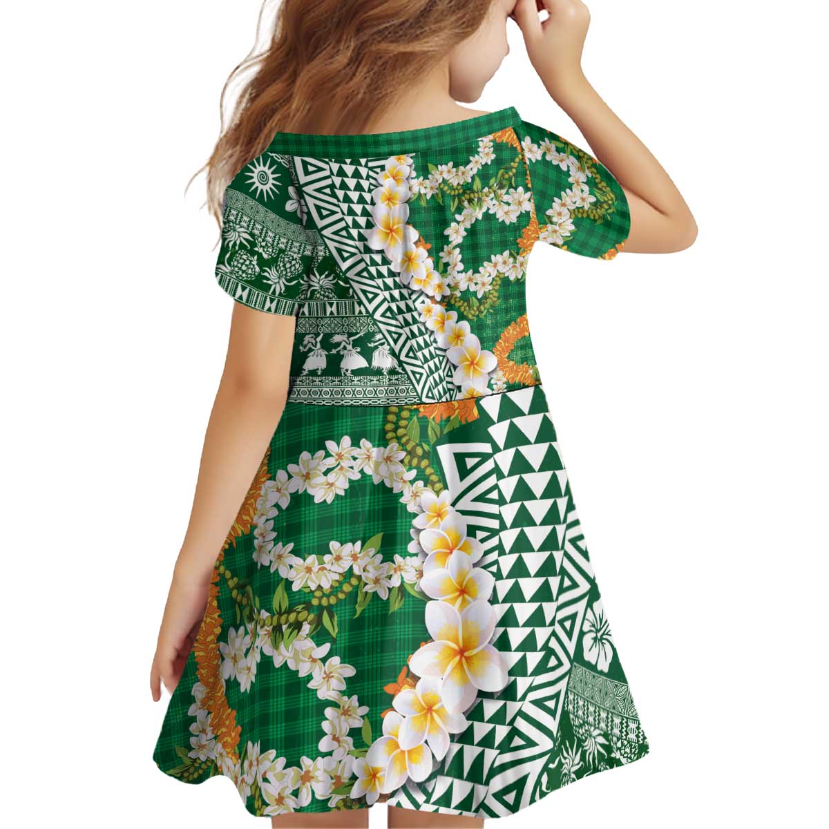 Hawaiian Plumeria Lei Kid Short Sleeve Dress Kakau Motifs and Palaka Half Style Green Color LT03 - Polynesian Pride