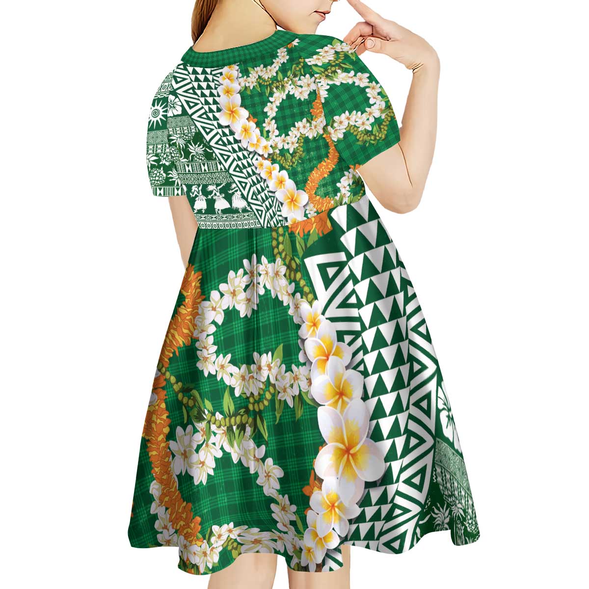 Hawaiian Plumeria Lei Kid Short Sleeve Dress Kakau Motifs and Palaka Half Style Green Color LT03 - Polynesian Pride