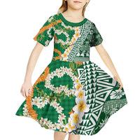 Hawaiian Plumeria Lei Kid Short Sleeve Dress Kakau Motifs and Palaka Half Style Green Color LT03 - Polynesian Pride