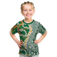 Hawaiian Plumeria Lei Kid T Shirt Kakau Motifs and Palaka Half Style Green Color LT03 Green - Polynesian Pride