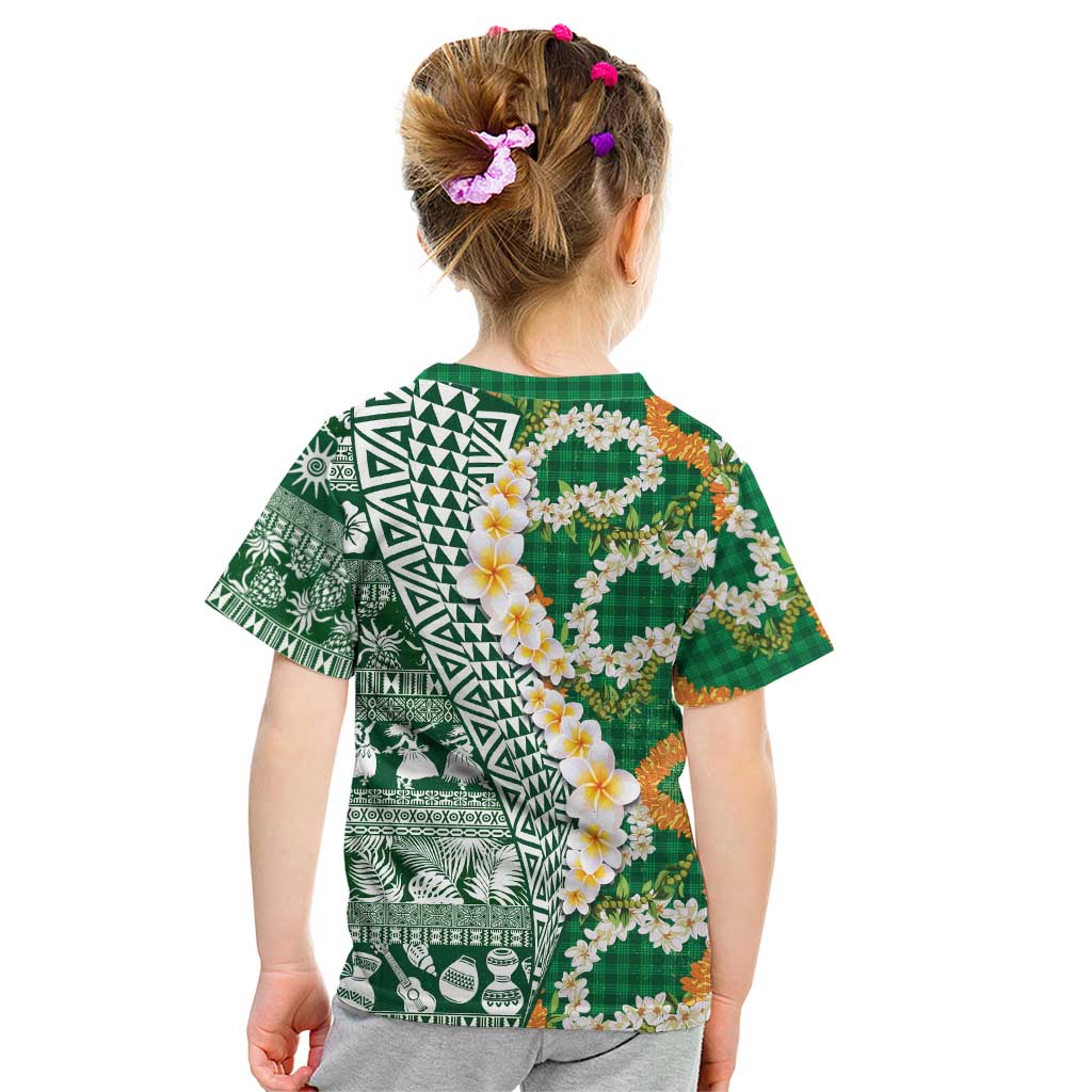 Hawaiian Plumeria Lei Kid T Shirt Kakau Motifs and Palaka Half Style Green Color LT03 - Polynesian Pride