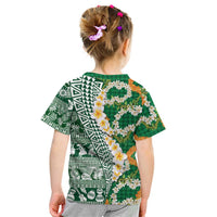 Hawaiian Plumeria Lei Kid T Shirt Kakau Motifs and Palaka Half Style Green Color LT03 - Polynesian Pride
