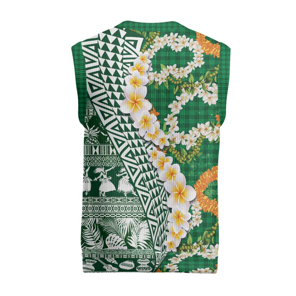 Hawaiian Plumeria Lei Christmas Knitted V-Neck Vest Kakau Motifs and Palaka Half Style Green Color LT03 - Polynesian Pride