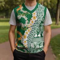 Hawaiian Plumeria Lei Christmas Knitted V-Neck Vest Kakau Motifs and Palaka Half Style Green Color LT03 - Polynesian Pride